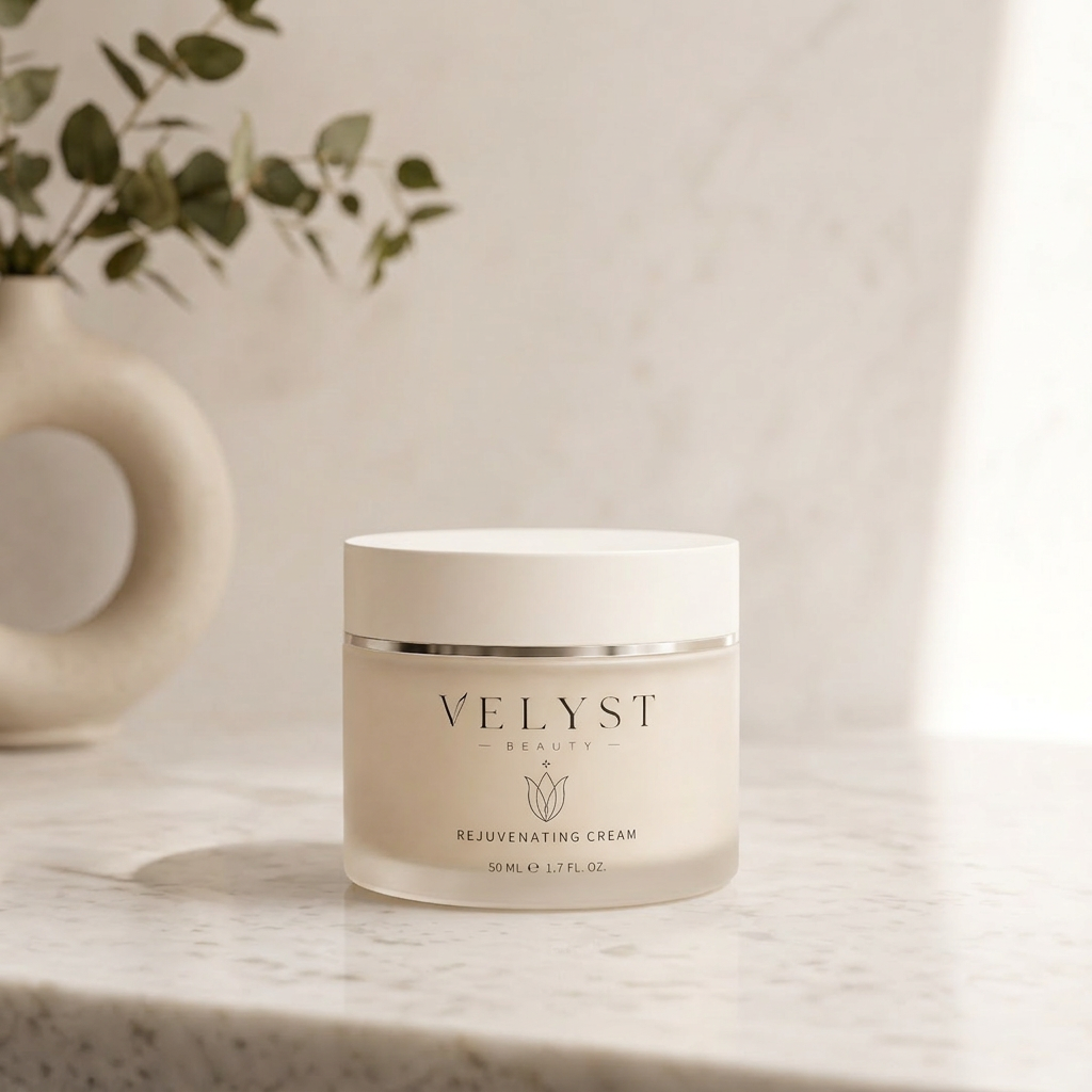 VELYST Renewal Crème i frostet glaskrukke på varm cremefarvet baggrund